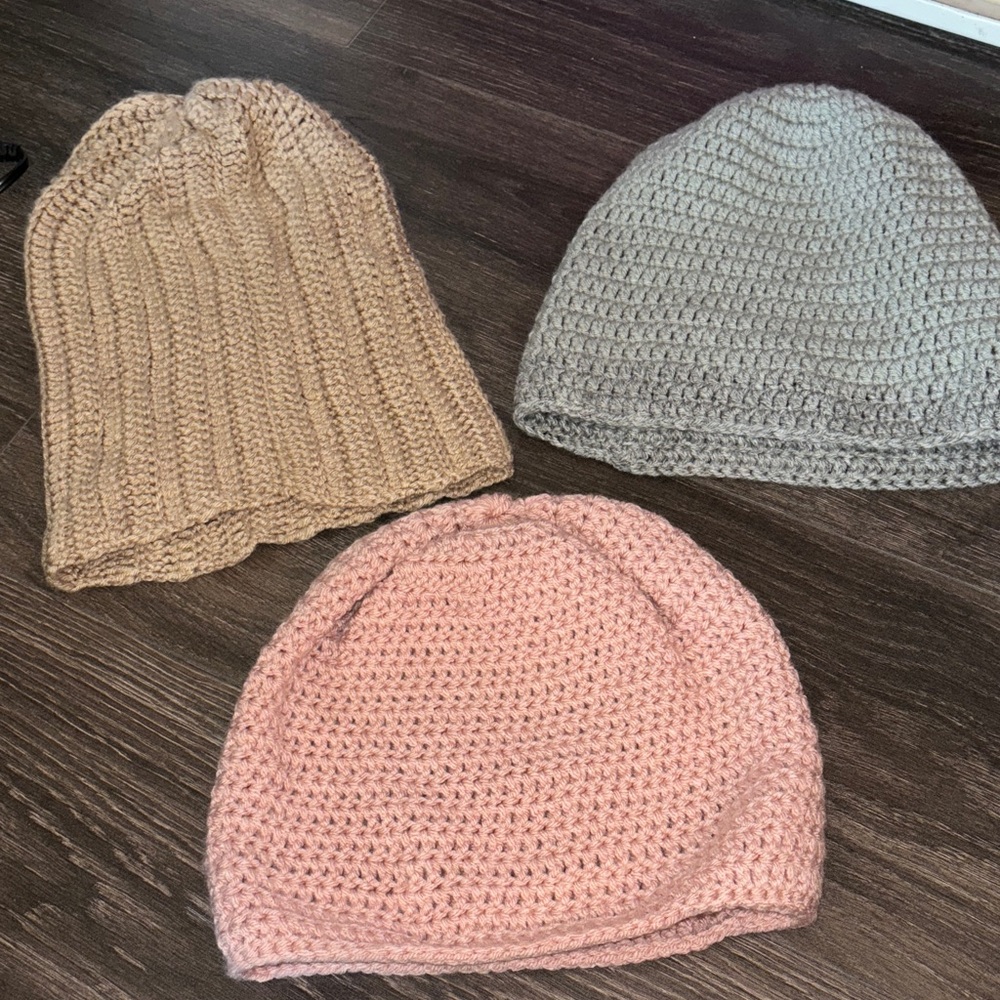 Set of Three Knit Beanies in Pink, Tan, and Gray
